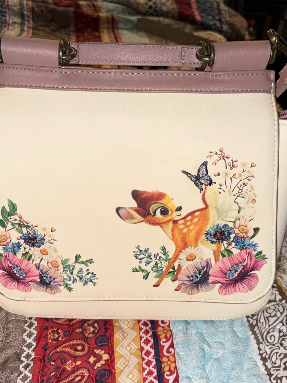 Loungefly Cream Satchel with Pink Trim and Bambi Floral Print